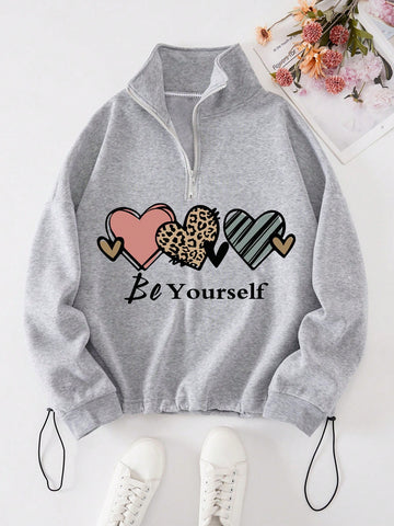 Plus Size Heart & Letter Print Stand Collar Sweatshirt