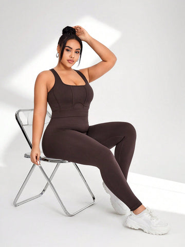 Women's Plus Size Solid Sleeveless Square Collar Top And Pants Running Sportswear Set