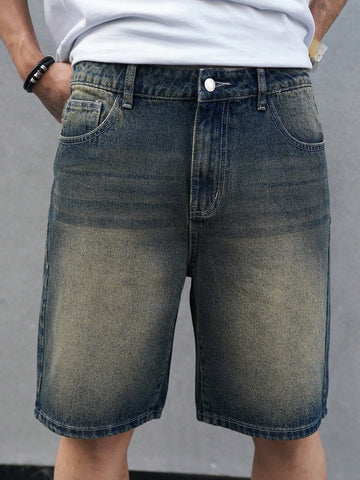 Men's Water-Washed Denim Shorts With Diagonal Pockets