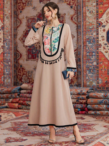 Floral Printed Patchwork Fringed Long Sleeve Arabian Dress