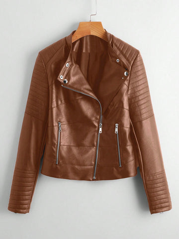 Plus Size Women's Diagonal Zipper Front Motorcycle Jacket