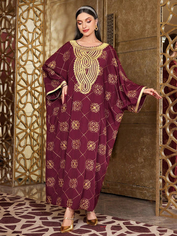 Women's Embroidered Batwing Sleeve Kaftan With Patchwork