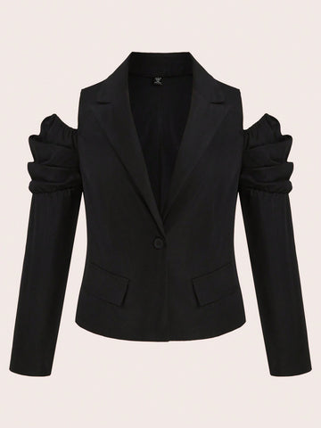 Plus Size Ladies' Solid Color Open Shoulder Long Sleeve Blazer