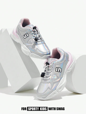 Fashionable & Versatile Silver Color Rainbow-Iridescent Trendy & Comfortable Chunky Sneakers Children Sports Shoes