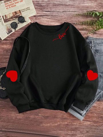 Women's Fleece-Lined Sweatshirt With Heart Letter Print