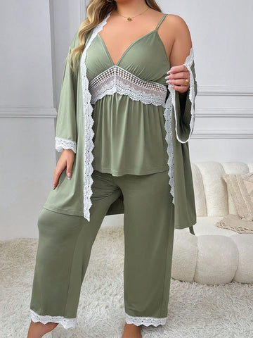 Plus Size Women's Lace Detail Colorblock Camisole Top, Wide Leg Pants & Robe 3pcs Set