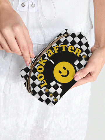 Fashionable Cartoon Plaid Pattern Smiling Face Large Capacity Makeup Bag With Waterproof Inner Lining 132519