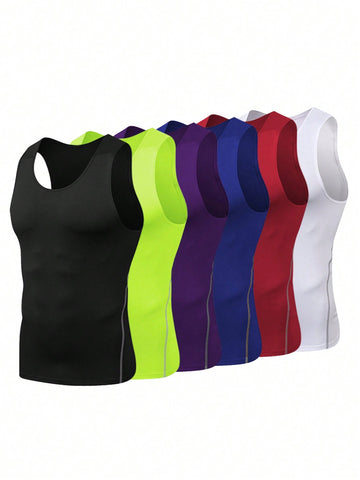 Men's Solid Color Round Neck Sports Tank Top Workout Tops