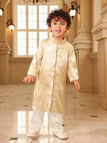 Young Boy's Gold Style Satin Stand Collar Long Shirt And Satin Long Pants Outfit, Suitable For Parties And Festivals