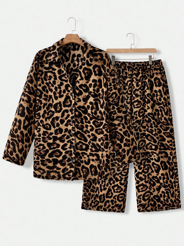 Plus Size Leopard Pattern Long Sleeve Top And Pants Set Summer Two Piece Outfits