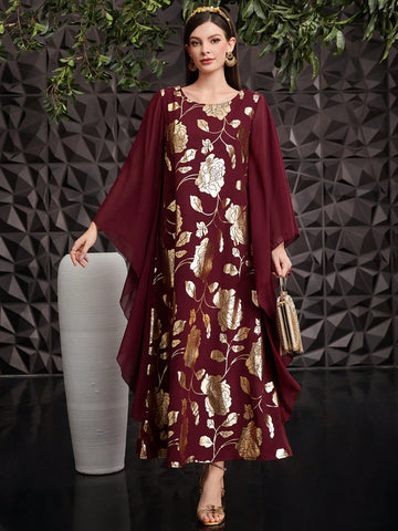 Floral Print Patchwork Batwing Sleeve Dress With Gold Foil Detailing