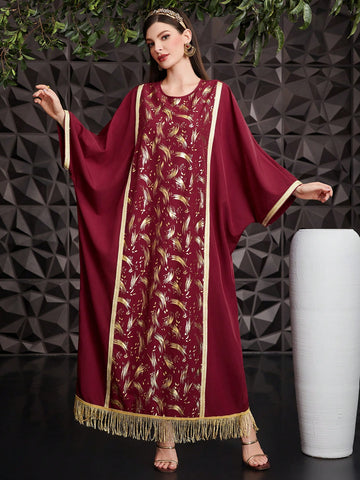 Turkish Style Gold Foil Printing Batwing Sleeve Long Tunic Top