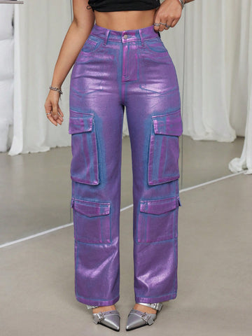 Metallic Cargo Street Style High Waist Loose Wide Leg Denim Pants For Women
