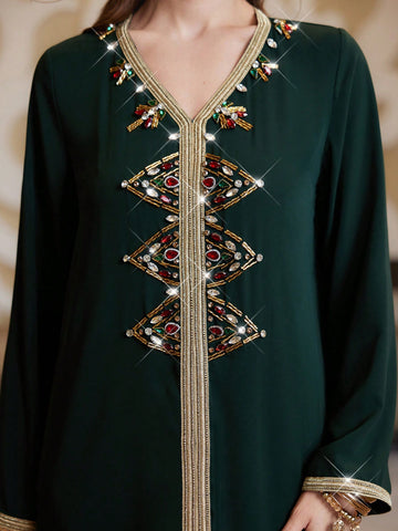 Women's Arabian Style Dress With Colorful Rhinestone Decor