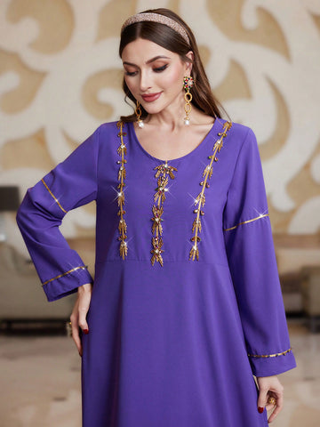 Women's Jewel Decor Long Sleeve Arabic Style Dress