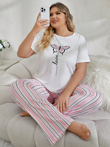 Plus Size Women's Pajamas Set With Pink Butterfly Pattern T-Shirt & Striped Pants