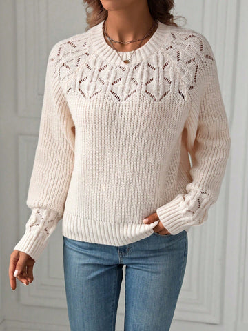 Women's Round Neck Long Sleeve Hollow-Out Knitted Sweater