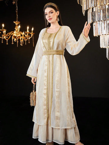 Golden Tape Turkey Style Dress With Ruffle Hem And Sleeveless Design