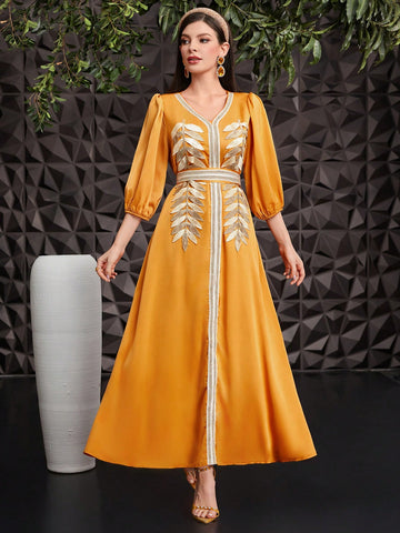 Women's 3/4 Lantern Sleeve Embroidered Kaftan Dress With Front Buttons, Arabic Style