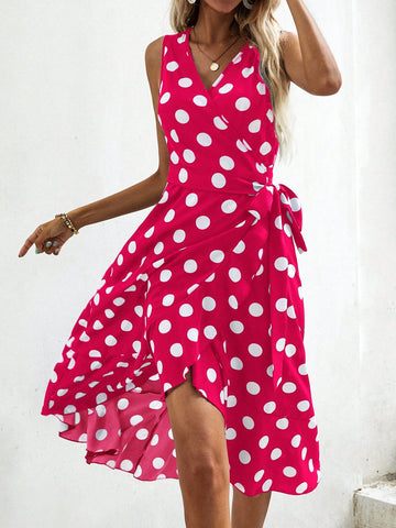 Polka Dot Print Wrap Design Sleeveless Dress