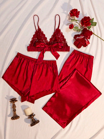 3pcs/Set Ladies' Solid Color Lace And Imitated Silk Sleepwear Set