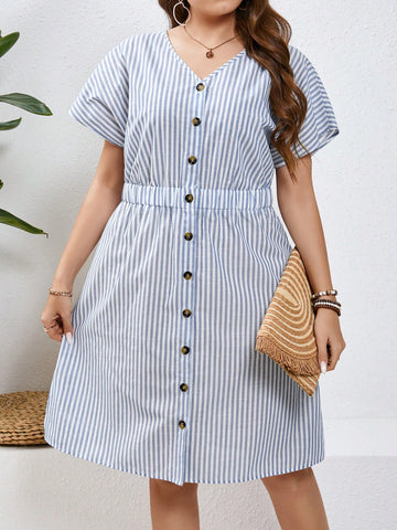 Plus Size  Women Blue And White Striped Button Front Belted Dress For Summer&Spring