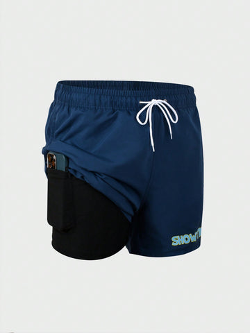 Men's Drawstring Waist Pockets Contrast Side 2-In-1 Beach Shorts