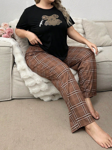 Plus Size Women's Inverted Teddy Bear Print Short Sleeve Pajama Set With Plaid Pants