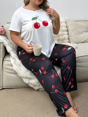 Plus Size Cherry Printed Short Sleeve T-Shirt And Pants Pajamas Set