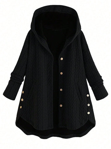 Women's Plus Size Solid Metal Button Decorated Hooded Coat
