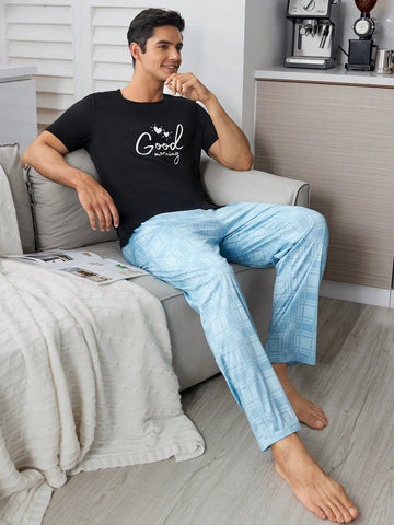 Slogan Print Round Neck Pajamas With Plaid Sleep Pants Home Clothing Set