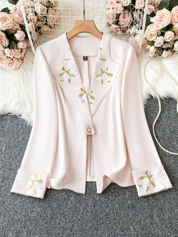 Plus Size Floral Embroidery Detail Long Sleeve Blazer
