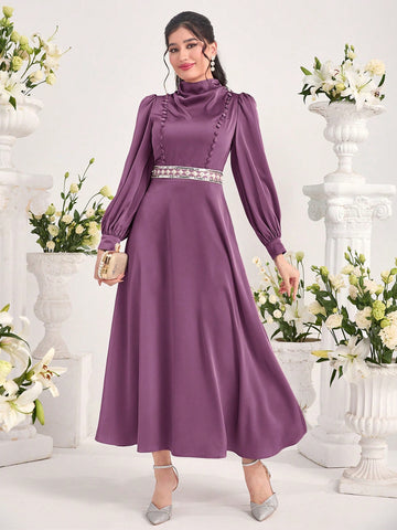 Women's Contrast Color Embroidery Woven Belt Double-Breasted Long Sleeve Dress