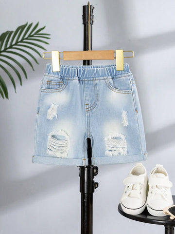 Baby Boys' New Fashionable Distressed & Cuffed Water Washed Denim Shorts