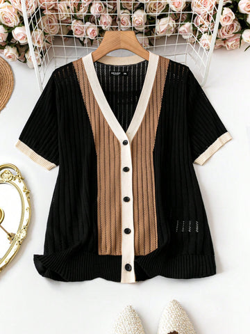 Plus Size Color Block Ribbed Knit Button Front Cardigan