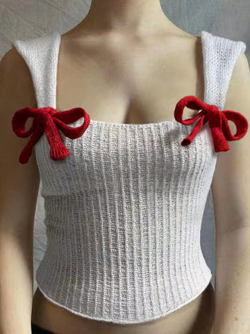 Red Knitted Top With Bow Decoration