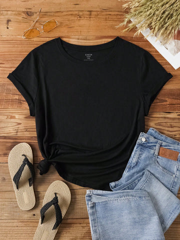 Plus Size Women's Solid Color Round Neck Short Sleeve T-Shirt