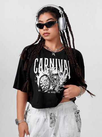 Women's Plus Size Motorcycle & Letter Printed Cropped T-Shirt