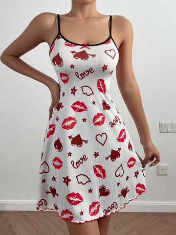 Lip, Heart And Letter Printed Cami Sleep Dress