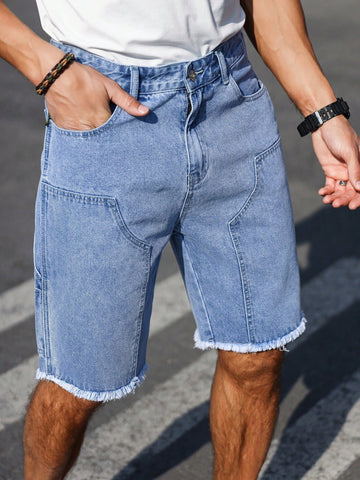 Men's Denim Shorts With Slanted Pockets And Frayed Hem
