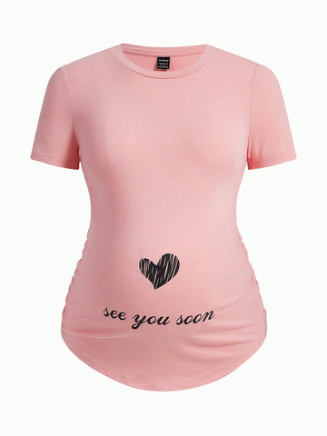 Maternity Slogan And Heart Print Short Sleeve T-Shirt