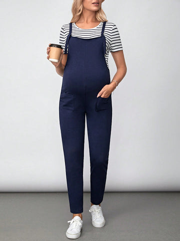 Maternity Striped Short Sleeve T-Shirt And Overalls Jumpsuit Set