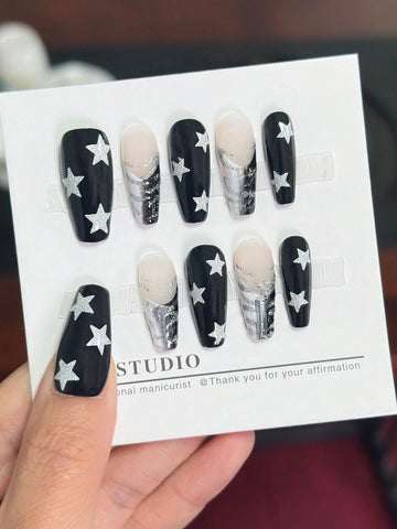10pcs Black & Punk & Y2k & Sexy & Glittering Stars Hand Painted False Nails + 3 Sheets Double-Sided Adhesive Tape