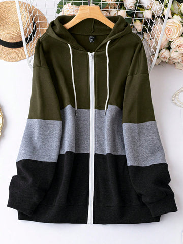 Plus Size Color Block Hooded Drawstring Pullover Hoodie With Long Hem