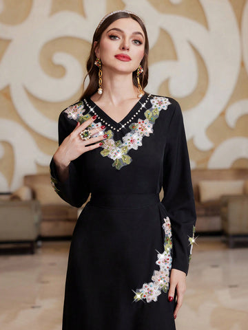 Embroidered Floral Applique & Rhinestone Decor Dress