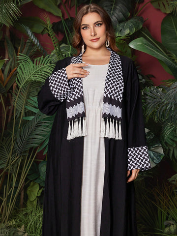 Plus Size Women's Geometric Printed Patchwork Fringed Long Sleeve Coat And Dress Two Piece Set