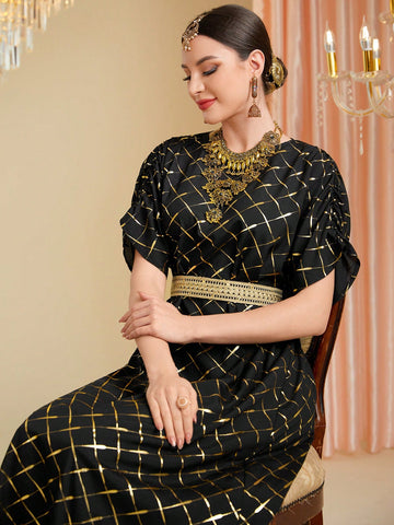 Golden Plaid Pattern Long Short Sleeve Midi Dress