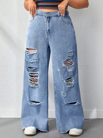 Plus Size Women's Distressed Loose Fit Jeans