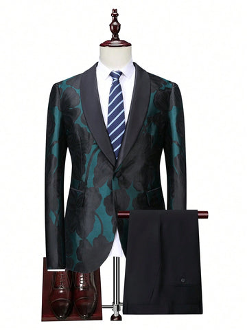 Men's Floral Print Blazer And Solid Color Trousers Suit