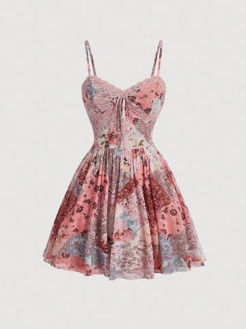 Ladies' Patchwork Lace And Floral Printed Spaghetti Strap Dress